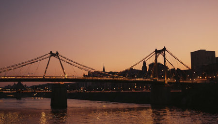 Bridges over the Danube River at sunset, Budapest, Hungaryの素材