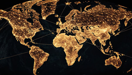 Map of the world, glowing lines on dark background. 3D renderingの素材