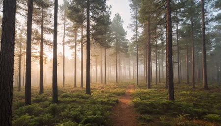 Path in the foggy pine forest in the morning. Landscapeの素材