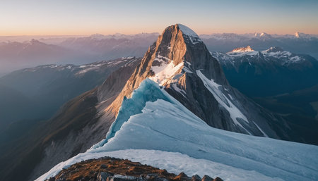 Beautiful alpine landscape with snowcapped mountain peaks at sunriseの素材