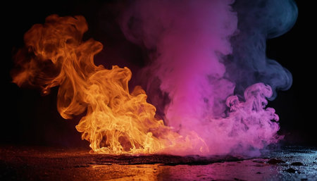 Fire flames on a black background with smoke and fog. Abstract backgroundの素材