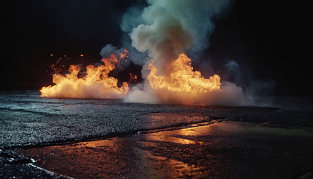 Flaming of car in the road at night. Conceptual imageの素材