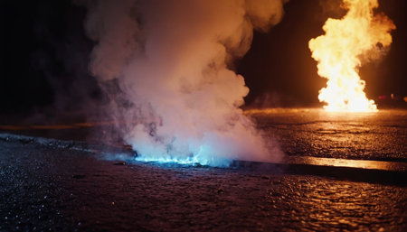 Burning gas in the middle of the road at night. Conceptual imageの素材