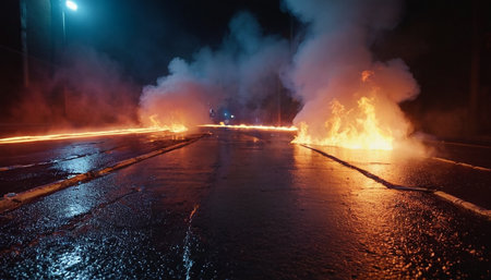 Fire on the road at night. Fire in the city at night.の素材