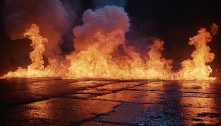 A large fire in the middle of the road at night. Burning asphalt.の素材