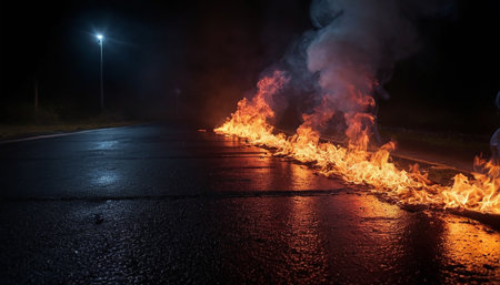 Burning asphalt road in the city at night. Night scene.の素材
