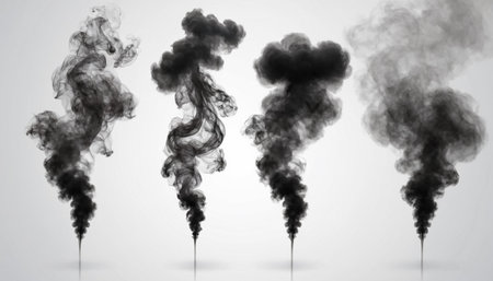 Black smoke isolated on a white background. 3d rendering, 3d illustration.の素材