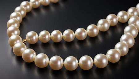 Pearl necklace on a black background close-up. Fashion jewelry.の素材