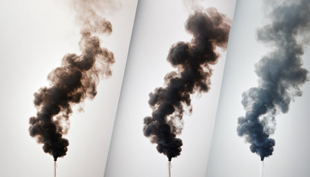 Black smoke from the chimney of an industrial plant on a white backgroundの素材