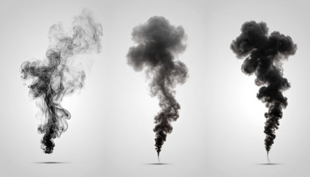 Set of black smoke isolated on white background. 3D illustration.の素材