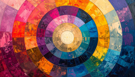 Colorful abstract background with circles and spirals of different colors.の素材