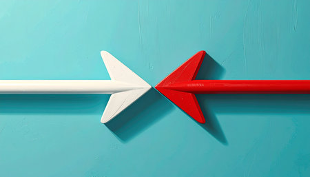 Two red and white arrows on a blue background. The concept of confrontation.の素材