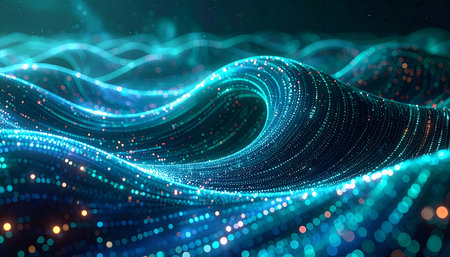 3d rendering of abstract background with glowing particles in empty space. Futuristic shape with depth of field and bokeh.の素材