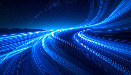 Abstract blue light trails on a dark background. 3D Renderingの素材