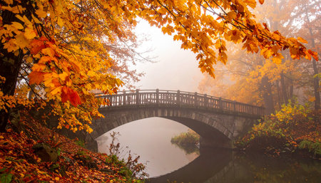 Autumn landscape with bridge over the river in the misty morningの素材