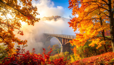 Autumn landscape with colorful trees and bridge in the misty morningの素材