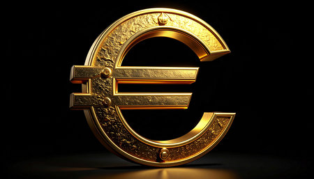 Golden euro sign on black background. 3D rendering. Currency symbol.の素材