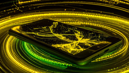 Smartphone with a broken screen on a dark background with a light trailの素材
