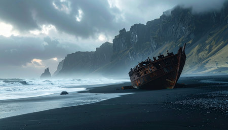 Fantasy landscape with shipwreck on black sand beach. 3d illustrationの素材