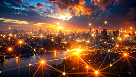 Smart city and wireless communication network over the river and cityscape at twilight time.の素材