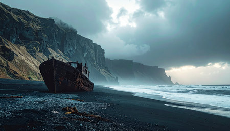 Fantasy landscape with shipwreck on the black sand beach in Icelandの素材