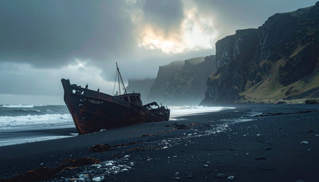 Shipwreck on Reynisfjara black sand beach, Iceland.の素材