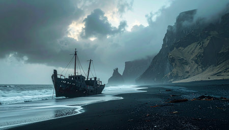 Shipwreck on the black sand beach in Iceland. 3d renderの素材
