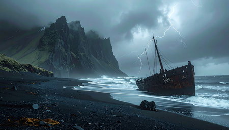 Shipwreck on the black sand beach in Iceland. 3d renderingの素材
