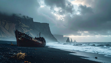 Fantasy landscape with shipwreck on the black sand beach in Icelandの素材