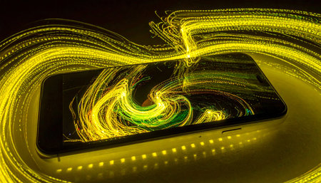 Mobile phone with light trails on a dark background, close-upの素材