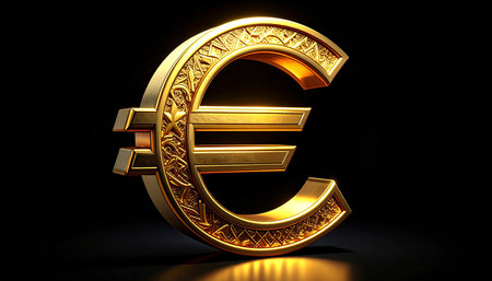 golden euro symbol on black background - 3d illustration of euro signの素材