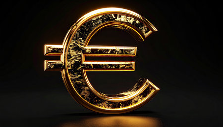 Gold euro symbol on black background. 3d rendered illustration. Gold metal font.の素材