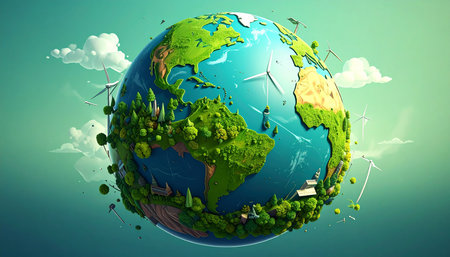 Ecology concept with green planet and wind turbines. Elements of this image are furnished by NASAの素材