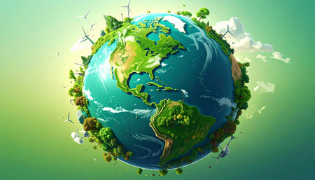 Earth planet with wind turbines and windmills. 3D renderingの素材