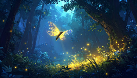 Fantasy forest with a butterfly in the night. Vector illustration.の素材