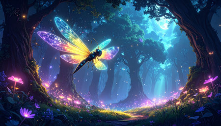 Dragonfly in the night forest. Vector illustration of fantasy landscape.の素材