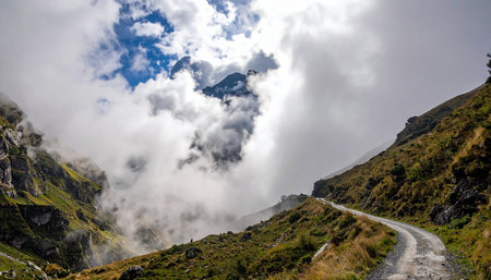 Mountain road in the clouds, Cordillera Blanca, Peruの素材