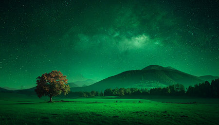Milky Way over green meadow with tree and mountains in the backgroundの素材