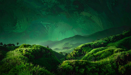 Beautiful fantasy landscape with green mountains and trees. 3d renderingの素材