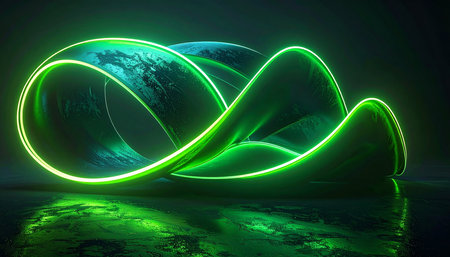 3d illustration of abstract  background with green waves and planet earthの素材