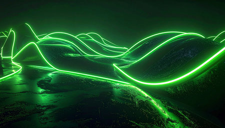 3d render, abstract background with green neon lines, waves on dark backgroundの素材