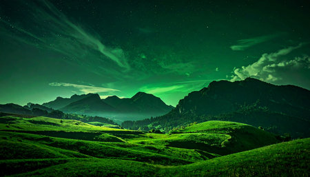 Mountain landscape at night with starry sky and aurora borealisの素材