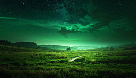 Aurora borealis over meadow at night. Nature composition.の素材