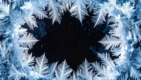 Snowflakes frame on black background. Winter background with space for textの素材