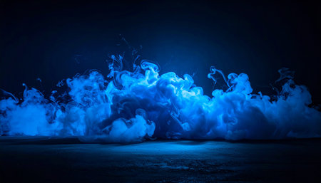 Dramatic blue smoke on dark background. 3D rendering.の素材
