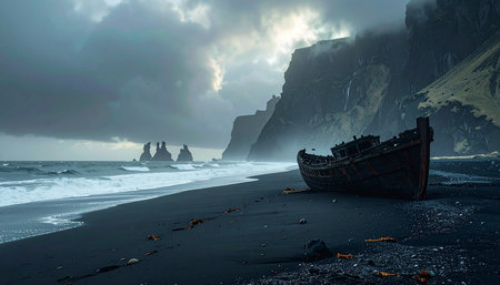 Shipwreck on Reynisfjara beach, Iceland. Panoramaの素材