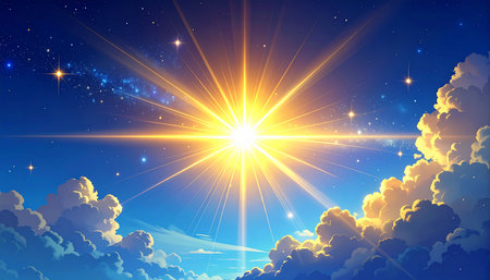 Blue sky background with clouds, sun and stars. Vector illustration.の素材