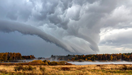 Autumn landscape with storm clouds in the sky over the forest.の素材