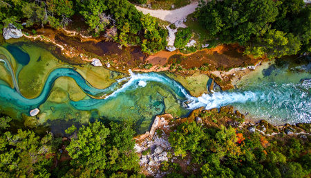 Aerial view of turquoise water of  Krka river, Croatiaの素材