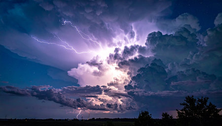 Lightning in the night sky. Night sky with clouds and lightning.の素材